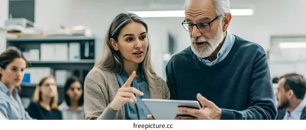 Businessman and Woman Looking at Tablet Computer in Meeting