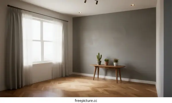 Bright and simple living room with large window and plants