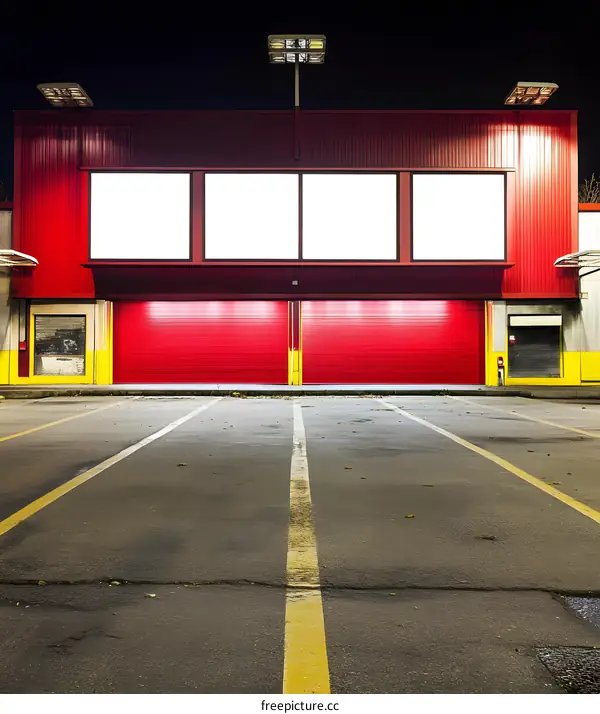 Red Building With Blank Billboard And Garage Doors At Night