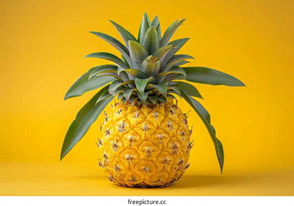 Single pineapple on a yellow background