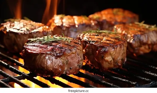 Beef tenderloin steaks with rosemary on a flaming grill
