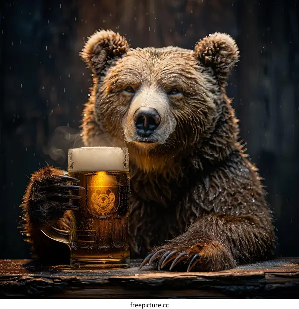 A bear is drinking a mug of beer in the rain.