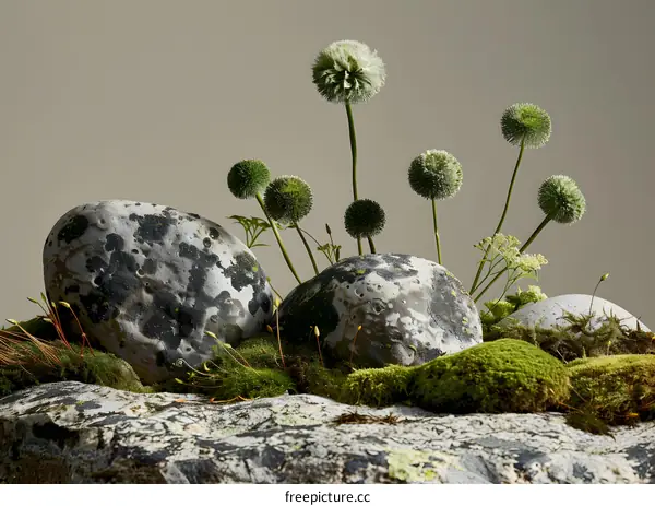Green Flower Arrangement With Stones and Moss