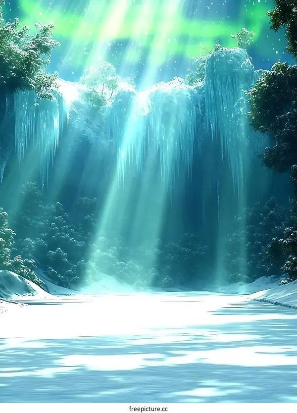 Winter Wonderland With Aurora Borealis And Frozen Waterfall