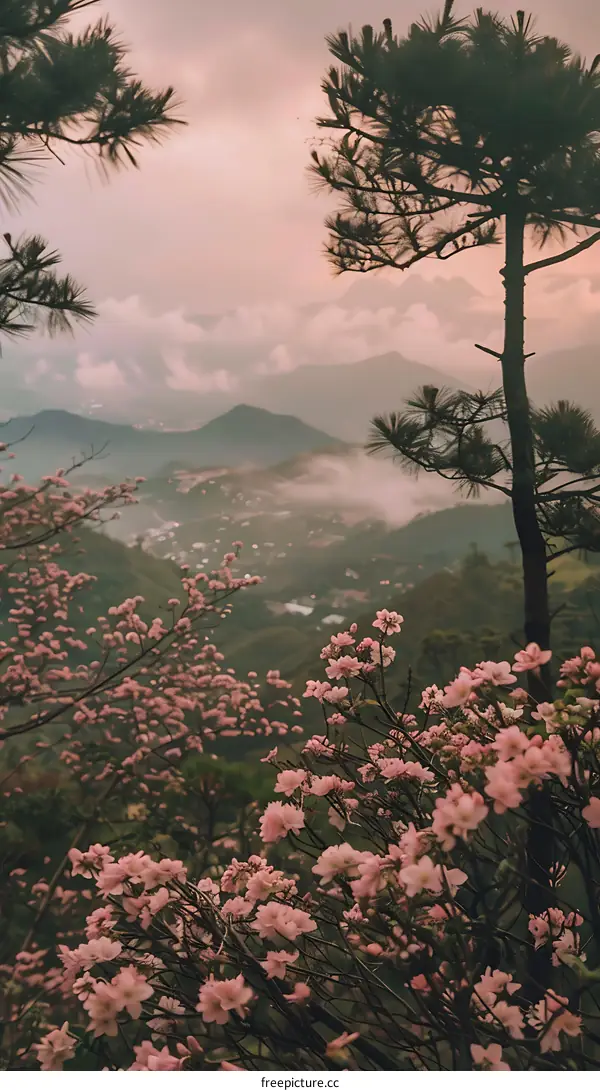 Pink Flowers Blooming On Mountainside With Fog And Trees