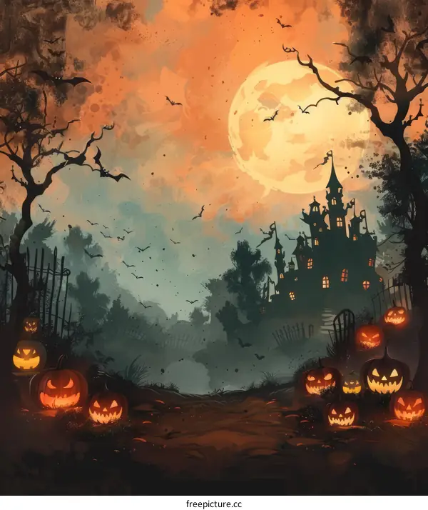 Spooky Halloween night with haunted house and pumpkins