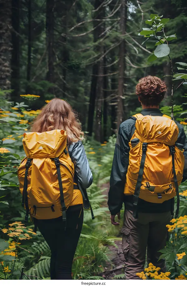 Two people with yellow backpacks hiking in a forest