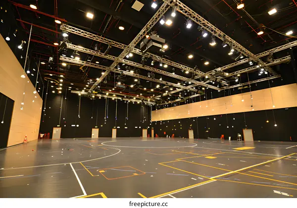 Empty Stage with Lighting Grid and Equipment