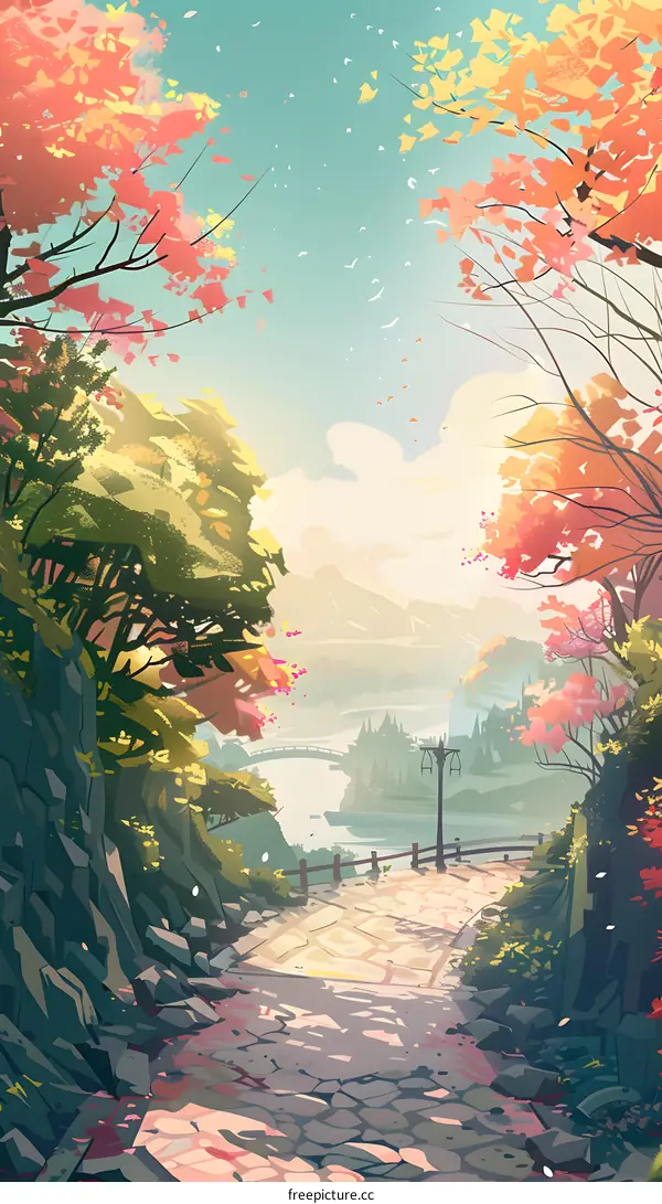 Autumn Landscape with Cobblestone Path and River