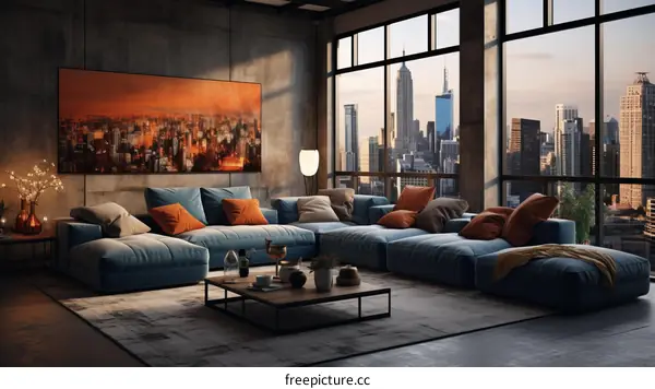 Modern living room interior with large windows and city view