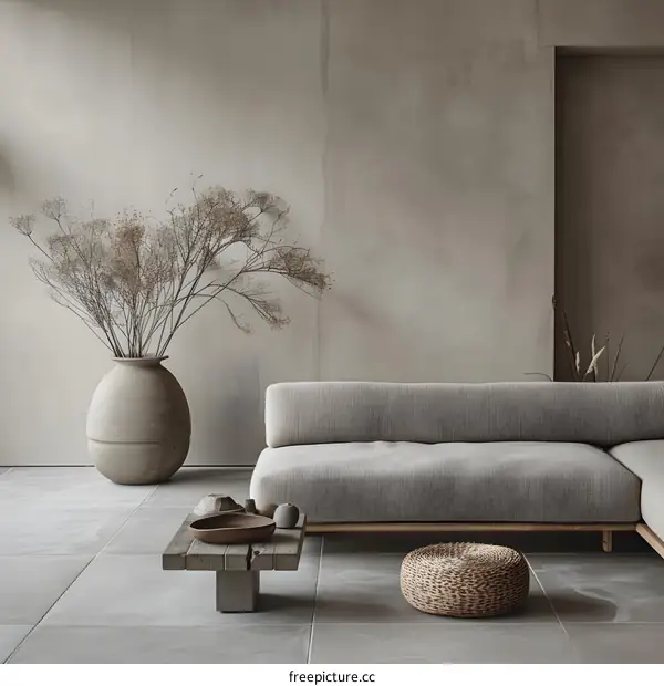 Minimalist Living Room with Neutral Color Palette and Dried Flowers