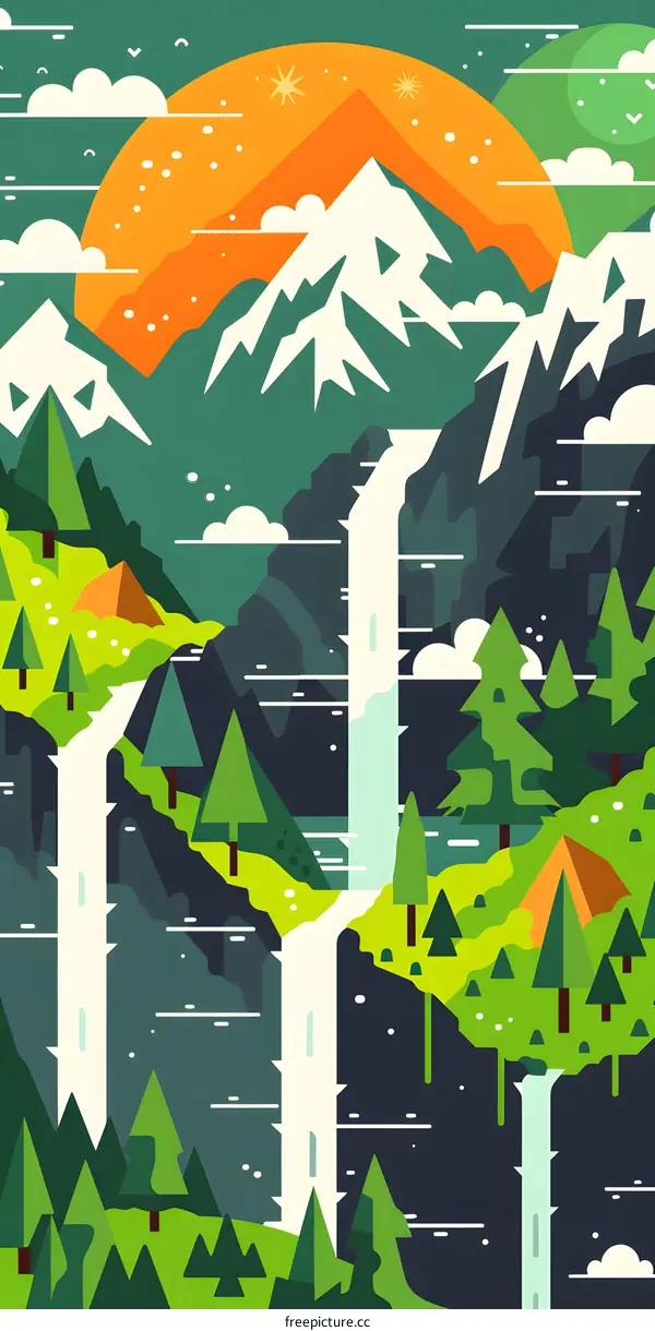 Mountain Landscape with Waterfall and Sunrise