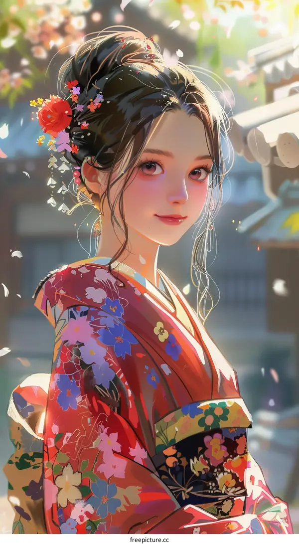 Glamorous Japanese Woman in Traditional Kimono