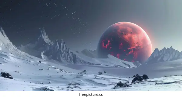 A Barren Icy Moon with a Red Giant Star in the Distance