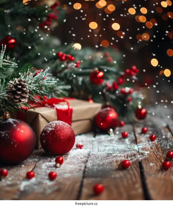 Red and White Christmas Ornaments on Wooden Table