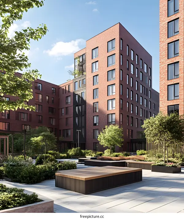 Modern Brick Apartment Building Courtyard