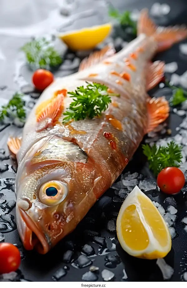 Fresh fish on ice with lemon and herbs