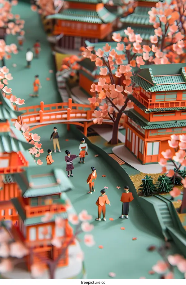 A miniature world of Japanese culture with traditional houses, cherry blossoms and people