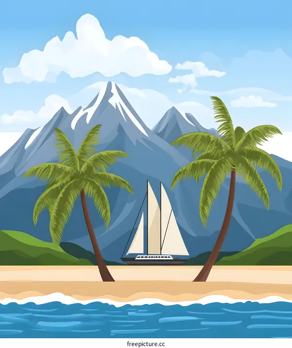 Tropical Beach Scene with Mountains and Sailboat