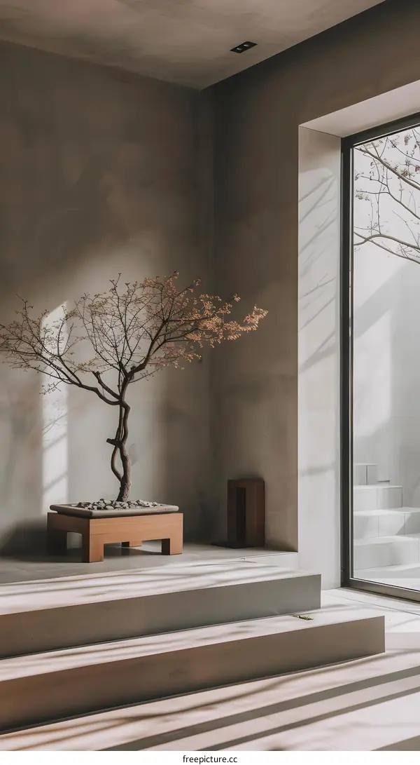 Minimalist Interior Design with Bonsai Tree and Wooden Table