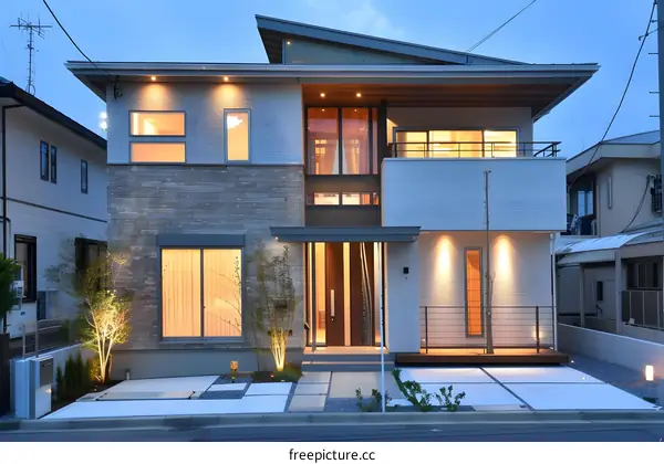 Modern House with Stone Facade and Large Windows at Dusk