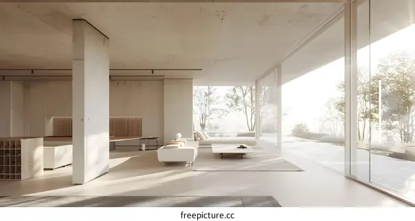 Modern Minimalist Living Room With Large Glass Windows