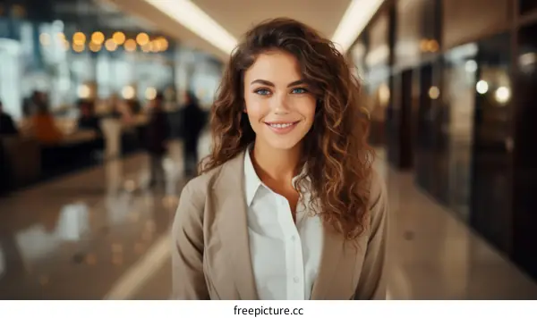 Portrait of a young professional woman with curly hair smiling wearing a suit in an office environment