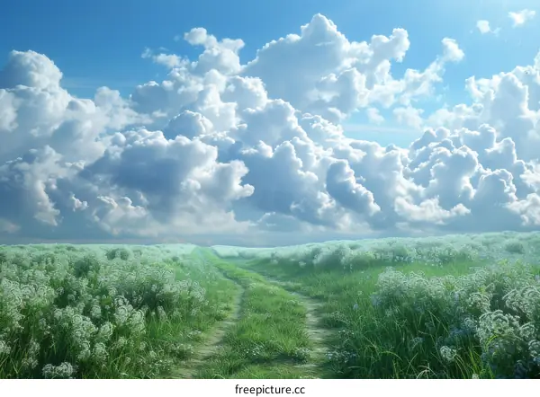 Scenic Countryside Path Under a Sky of Clouds