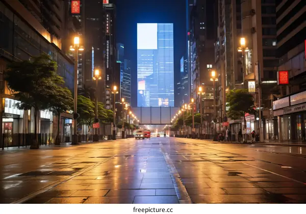 Empty city street with skyscrapers at night