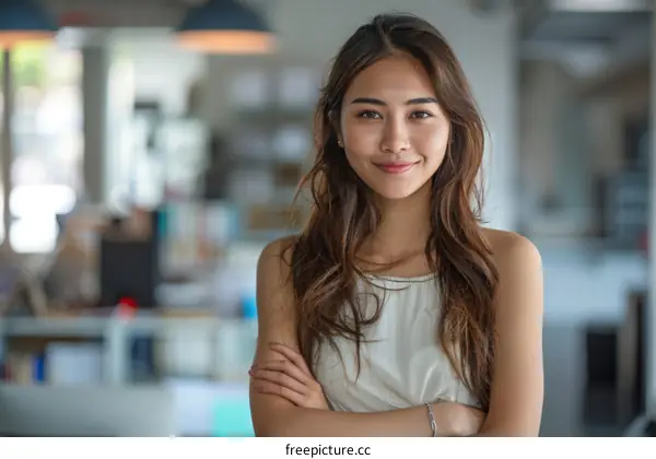 Portrait of a young Asian woman smiling in an office