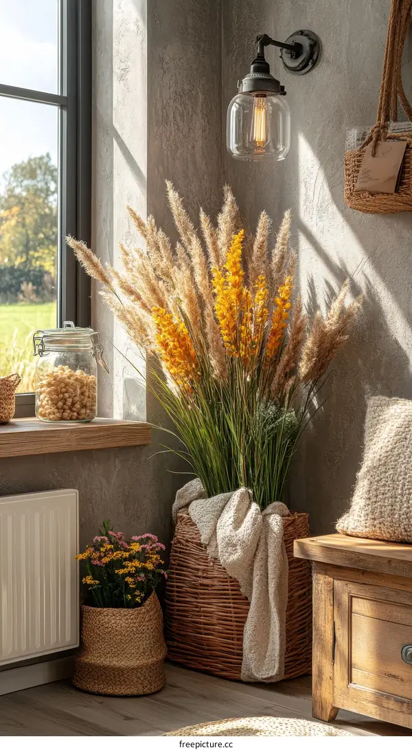 Autumnal Corner Decor with Woven Basket and Dried Flowers