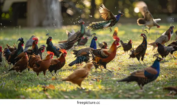 Peacocks and Chickens Foraging in a Tropical Rainforest