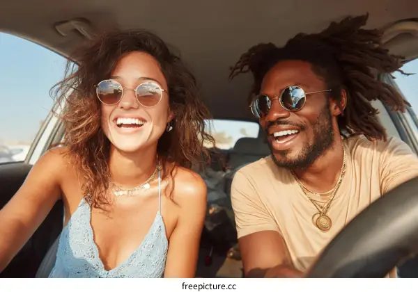 Happy Couple Road Trip Inside Car