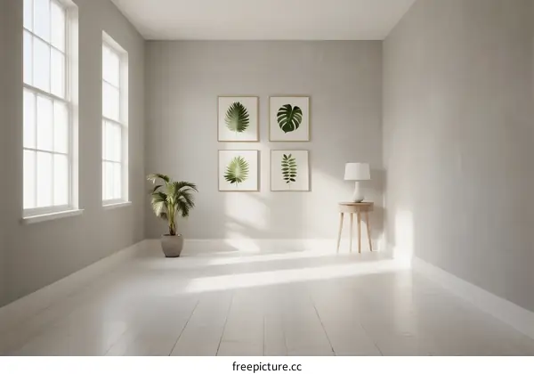 Bright and airy room with framed leaf art and potted plant