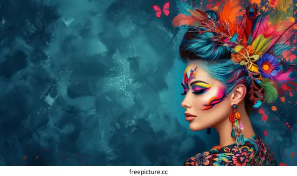 A woman with blue hair and colorful makeup is posing in front of a blue background. She is wearing a large headpiece made of feathers and flowers.