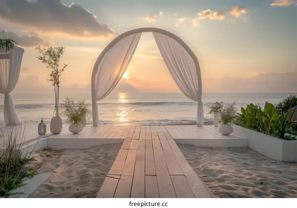 Stunning beach wedding setup with a view of the ocean