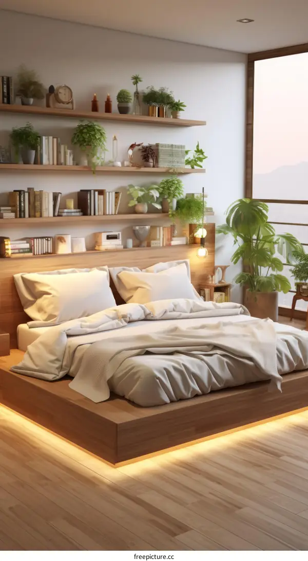 Cozy bedroom with lots of plants and books