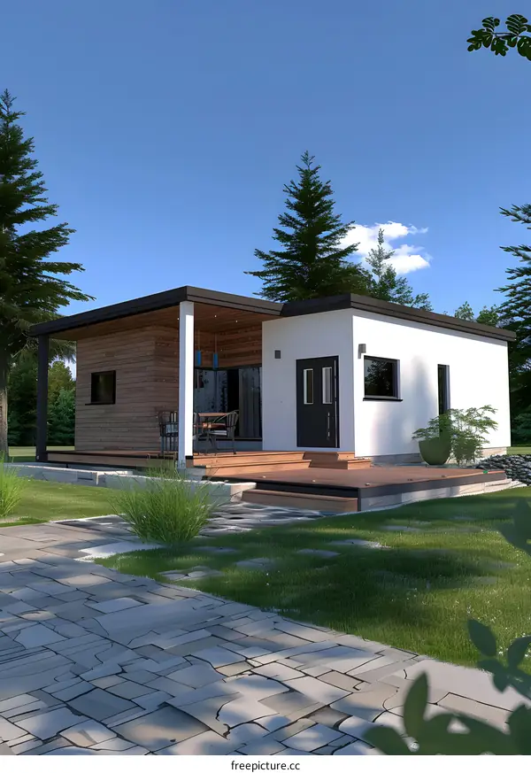 Modern Minimalist House Design with Wooden Porch and Stone Patio