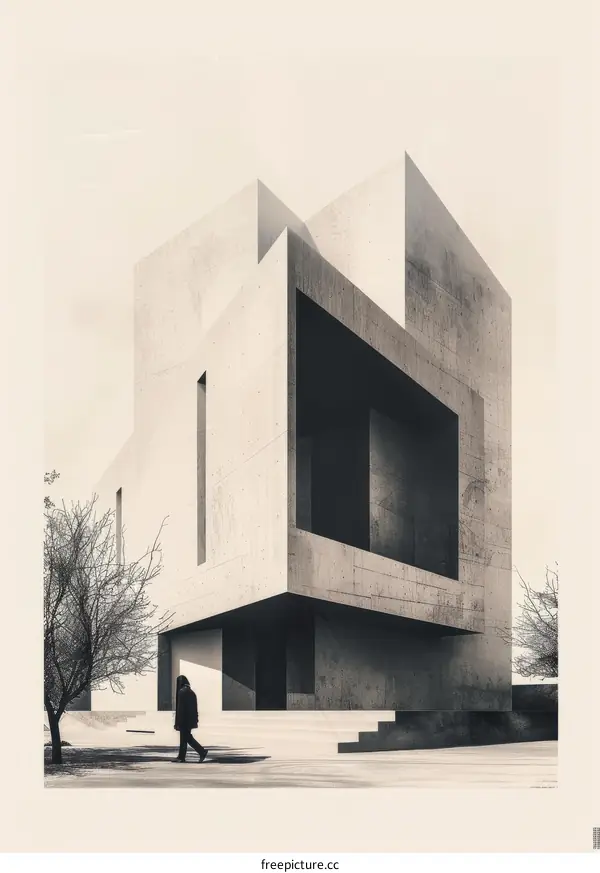 Black and white brutalist building with a person walking in front