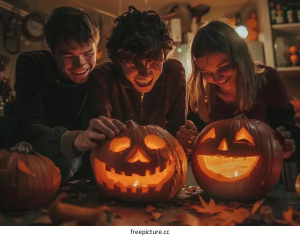 Three friends carving pumpkins for Halloween