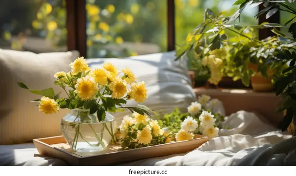 Vibrant Yellow and White Floral Arrangement Adorns Wooden Tray by Window