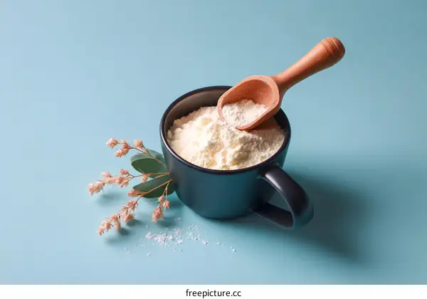 Powdered Milk in a Dark Mug with Wooden Spoon