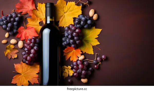 A bottle of red wine with grapes and fall leaves