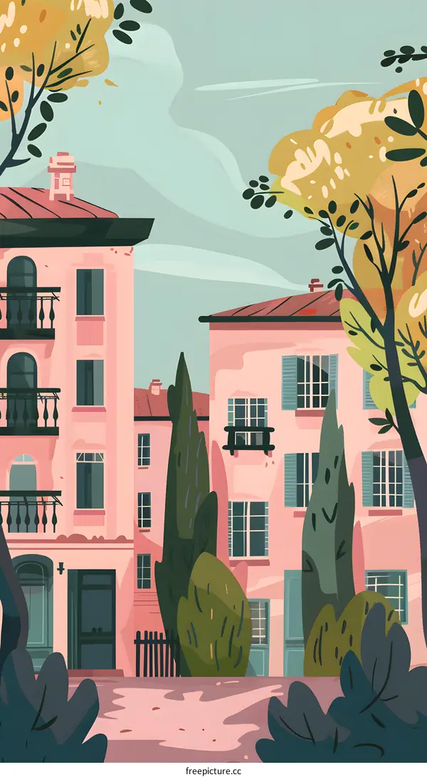 Pink Houses with Green Trees and a Blue Sky