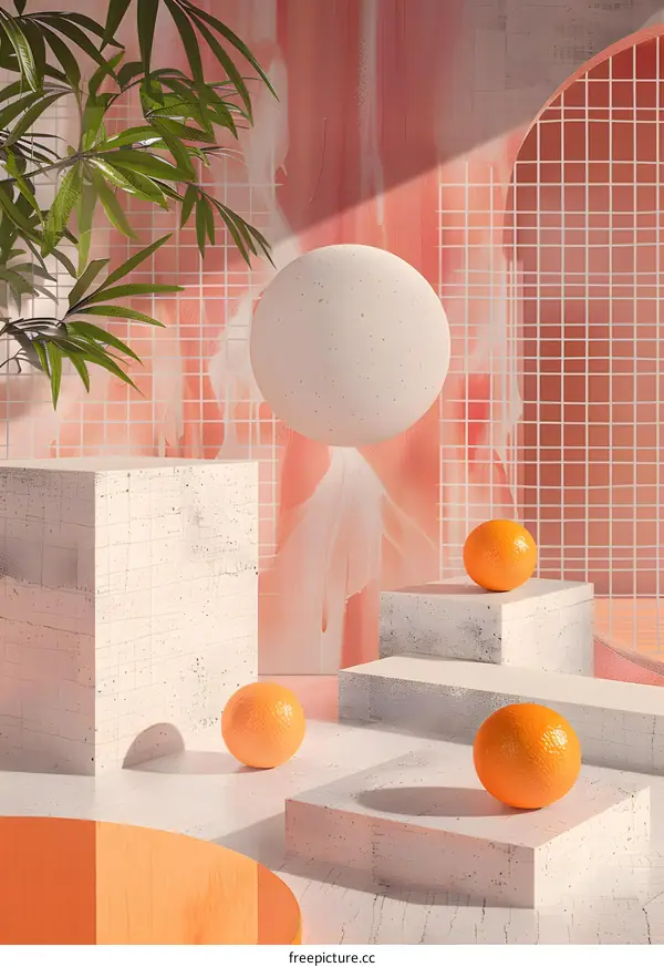 Abstract Minimalist 3D Render With White Sphere And Oranges