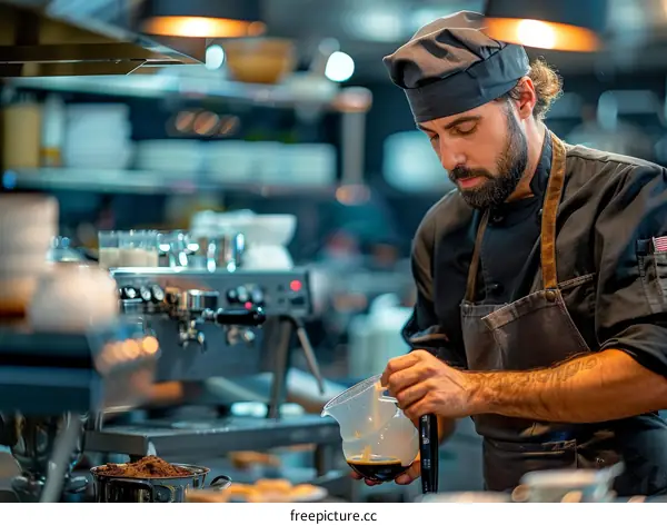 Focused male barista making coffee in cafe