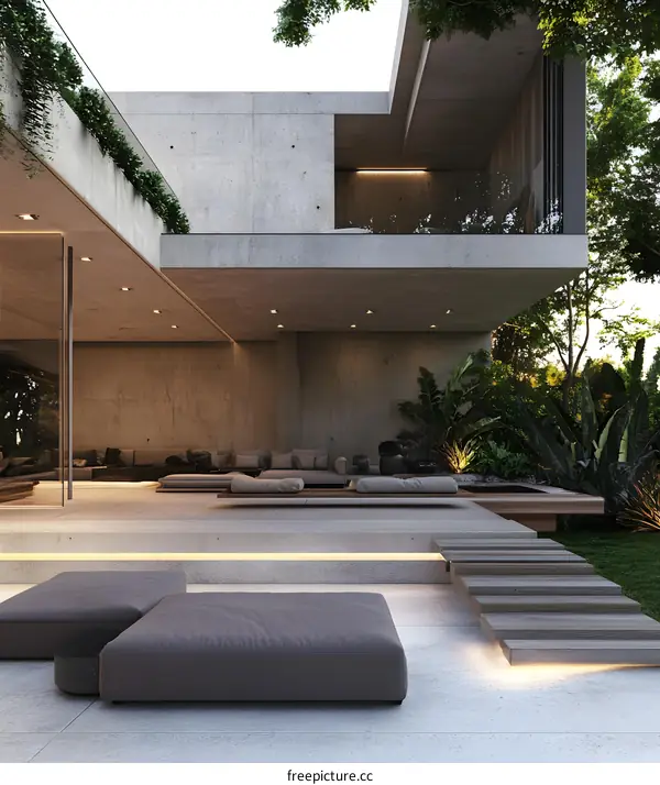 Modern Concrete House with Outdoor Patio and Lush Greenery