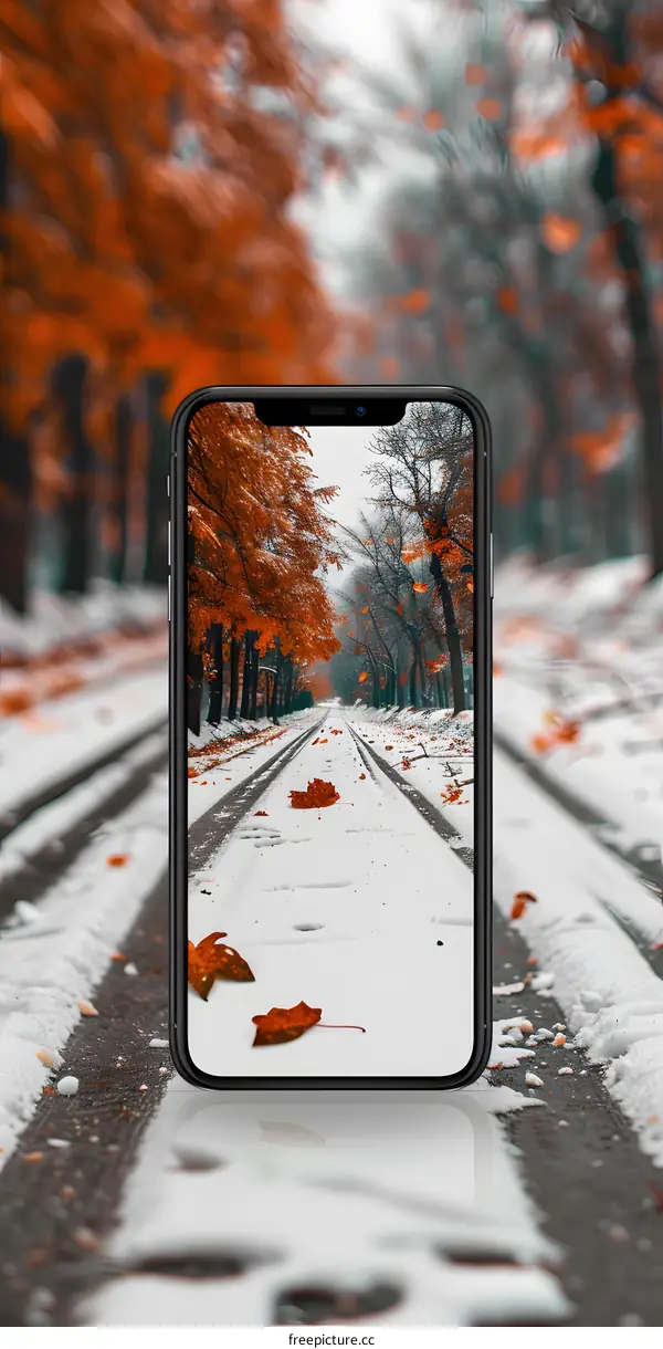 Smartphone Displaying a Snowy Forest Path in Autumn