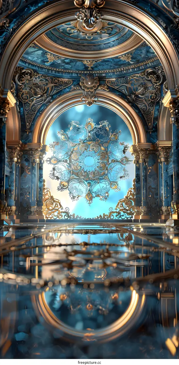 ornate golden and blue fantasy palace with a large stained glass window