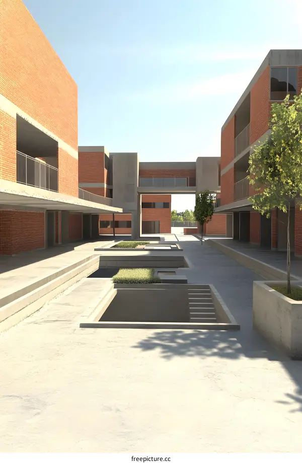 Modern Architecture Courtyard Design with Brick Walls and Greenery